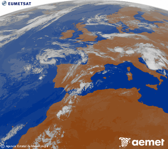 Imagen de la zona de Europa y Norte de �frica del canal infrarrojo del sat�lite Meteosat operacional en 0�N 0�W, procesada para darle color.&nbsp;jeudi, 16 juillet  2026 02:00