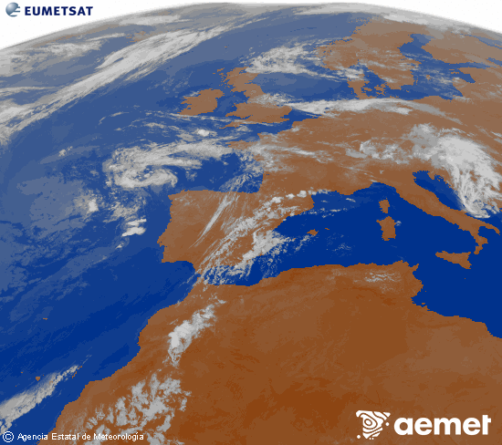 Imagen de la zona de Europa y Norte de �frica del canal infrarrojo del sat�lite Meteosat operacional en 0�N 0�W, procesada para darle color.&nbsp;Thursday, 16 July  2026 04:00
