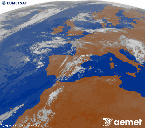 Imagen de la zona de Europa y Norte de �frica del canal infrarrojo del sat�lite Meteosat operacional en 0�N 0�W, procesada para darle color.&nbsp;Thursday, 16 July  2026 05:00