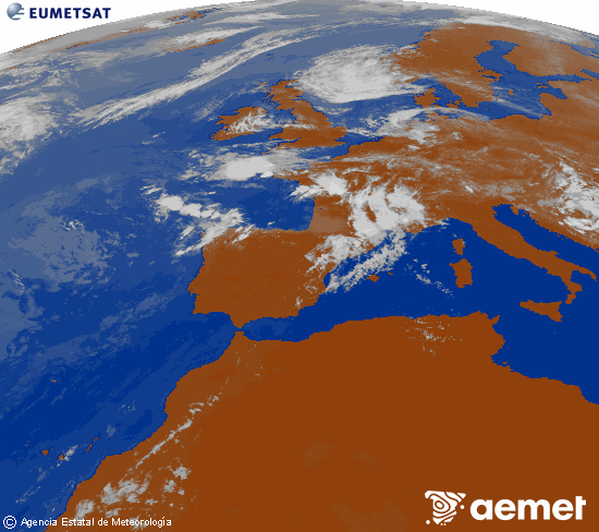 Imagen de la zona de Europa y Norte de �frica del canal infrarrojo del sat�lite Meteosat operacional en 0�N 0�W, procesada para darle color.&nbsp;Thursday, 16 July  2026 13:00