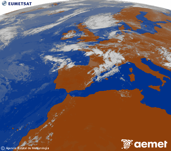 Imagen de la zona de Europa y Norte de �frica del canal infrarrojo del sat�lite Meteosat operacional en 0�N 0�W, procesada para darle color.&nbsp;Thursday, 16 July  2026 14:00