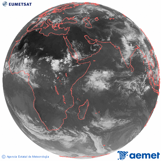 Oc�ano �ndico. Imaxe global da canle infravermella (10.8&mu;m) de Meteosat, pertencente � serie MSX (Meteosat Segunda Xeraci�n) e situado en 41.5°E.&nbsp;xoves, 16 xullo  2026 17:00