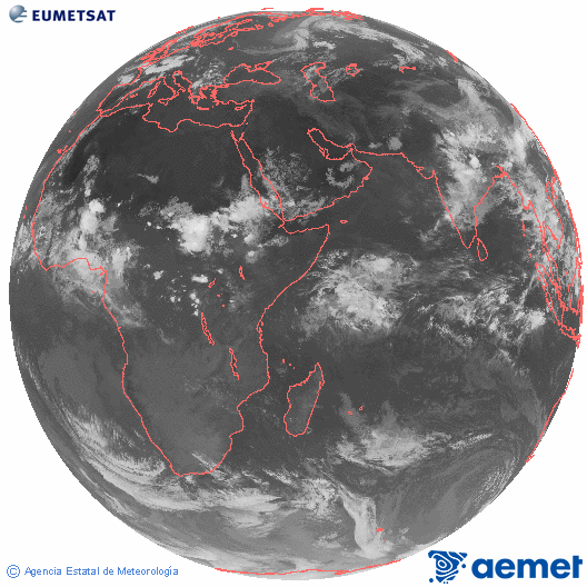 Oc�ano �ndico. Imaxe global da canle infravermella (10.8&mu;m) de Meteosat, pertencente � serie MSX (Meteosat Segunda Xeraci�n) e situado en 41.5°E.&nbsp;xoves, 16 xullo  2026 20:00