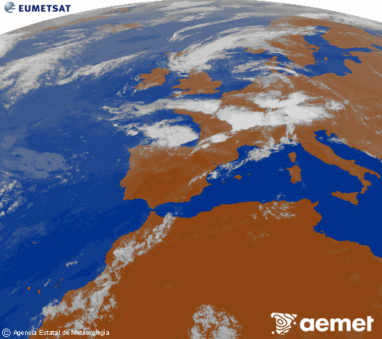 Imagen de la zona de Europa y Norte de �frica del canal infrarrojo del sat�lite Meteosat operacional en 0�N 0�W, procesada para darle color.&nbsp;Thursday, 16 July  2026 21:00