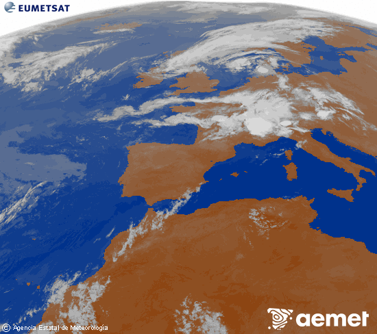 Imagen de la zona de Europa y Norte de �frica del canal infrarrojo del sat�lite Meteosat operacional en 0�N 0�W, procesada para darle color.&nbsp;viernes, 17 julio 2026 a las 03:00