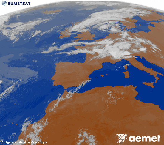Imagen de la zona de Europa y Norte de �frica del canal infrarrojo del sat�lite Meteosat operacional en 0�N 0�W, procesada para darle color.&nbsp;divendres, 17 de juliol  2026 04:00