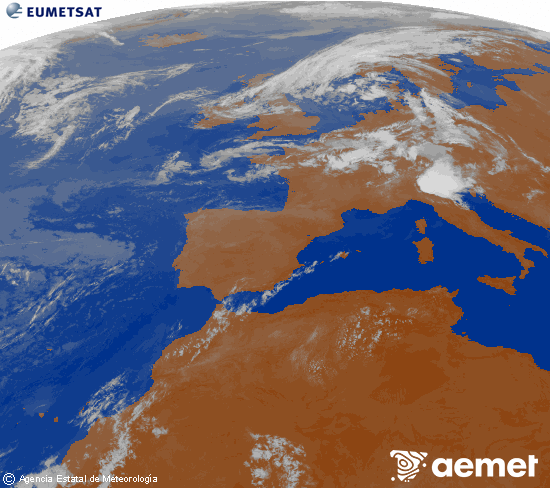 Imatge de la zona d'Europa i Nord d'�frica del canal infraroig del sat�l�lit Meteosat operacional en 0�N 0�W, processada per a donar-li color.&nbsp;divendres, 17 de juliol  2026 08:00