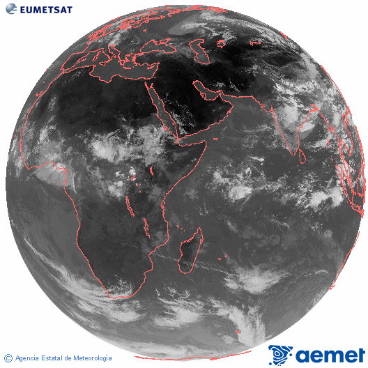 Oc�ano �ndico. Imaxe global da canle infravermella (10.8&mu;m) de Meteosat, pertencente � serie MSX (Meteosat Segunda Xeraci�n) e situado en 41.5°E.&nbsp;venres, 17 xullo  2026 11:00