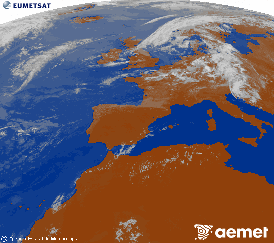 Imatge de la zona d'Europa i Nord d'�frica del canal infraroig del sat�l�lit Meteosat operacional en 0�N 0�W, processada per a donar-li color.&nbsp;divendres, 17 de juliol  2026 13:00