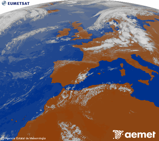 Imatge de la zona d'Europa i Nord d'�frica del canal infraroig del sat�l�lit Meteosat operacional en 0�N 0�W, processada per a donar-li color.&nbsp;divendres, 17 de juliol  2026 19:00