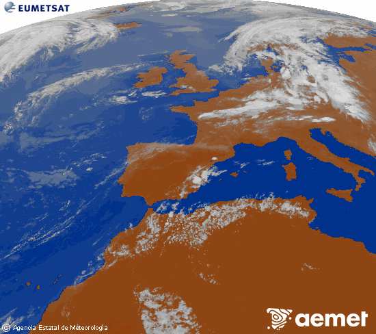 Imatge de la zona d'Europa i Nord d'�frica del canal infraroig del sat�l�lit Meteosat operacional en 0�N 0�W, processada per a donar-li color.&nbsp;divendres, 17 de juliol  2026 20:00