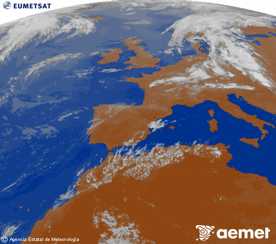 Imatge de la zona d'Europa i Nord d'�frica del canal infraroig del sat�l�lit Meteosat operacional en 0�N 0�W, processada per a donar-li color.&nbsp;divendres, 17 de juliol  2026 22:00