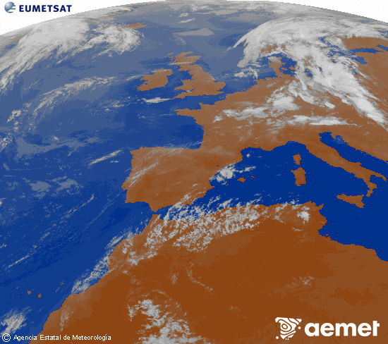 Imatge de la zona d'Europa i Nord d'�frica del canal infraroig del sat�l�lit Meteosat operacional en 0�N 0�W, processada per a donar-li color.&nbsp;divendres, 17 de juliol  2026 23:00