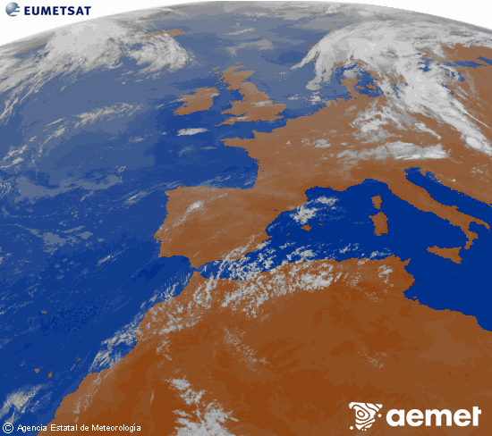 Imagen de la zona de Europa y Norte de �frica del canal infrarrojo del sat�lite Meteosat operacional en 0�N 0�W, procesada para darle color.&nbsp;samedi, 18 juillet  2026 01:00