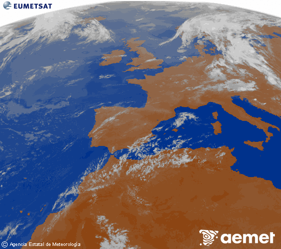 Imagen de la zona de Europa y Norte de �frica del canal infrarrojo del sat�lite Meteosat operacional en 0�N 0�W, procesada para darle color.&nbsp;samedi, 18 juillet  2026 02:00