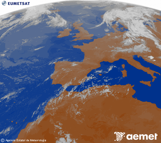 Imagen de la zona de Europa y Norte de �frica del canal infrarrojo del sat�lite Meteosat operacional en 0�N 0�W, procesada para darle color.&nbsp;s�bado, 18 julio 2026 a las 04:00