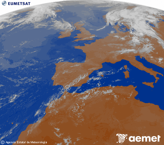 Imagen de la zona de Europa y Norte de �frica del canal infrarrojo del sat�lite Meteosat operacional en 0�N 0�W, procesada para darle color.&nbsp;s�bado, 18 julio 2026 a las 06:00
