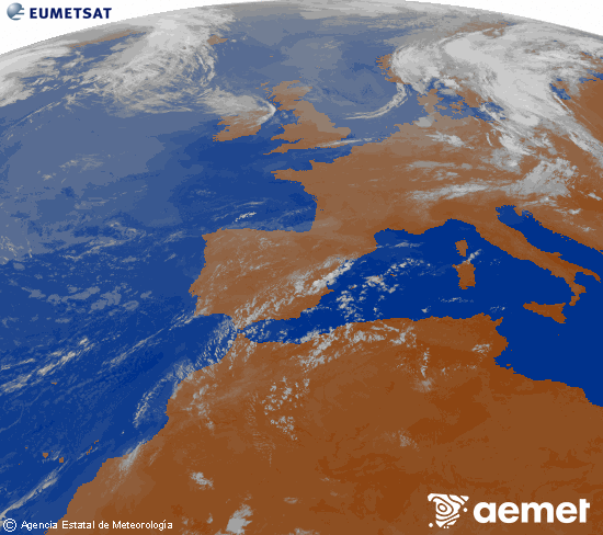 Imagen de la zona de Europa y Norte de �frica del canal infrarrojo del sat�lite Meteosat operacional en 0�N 0�W, procesada para darle color.&nbsp;s�bado, 18 julio 2026 a las 08:00