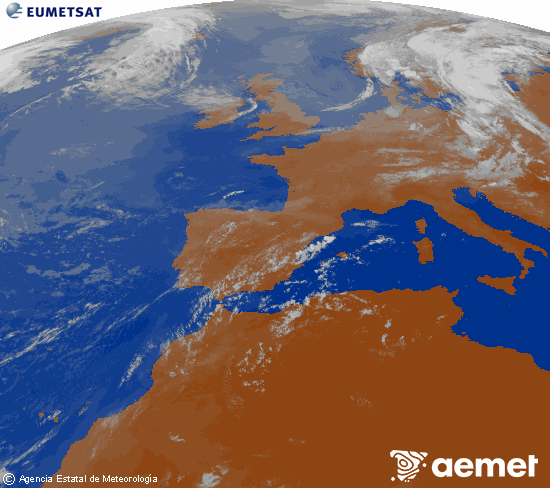 Imagen de la zona de Europa y Norte de �frica del canal infrarrojo del sat�lite Meteosat operacional en 0�N 0�W, procesada para darle color.&nbsp;s�bado, 18 julio 2026 a las 09:00