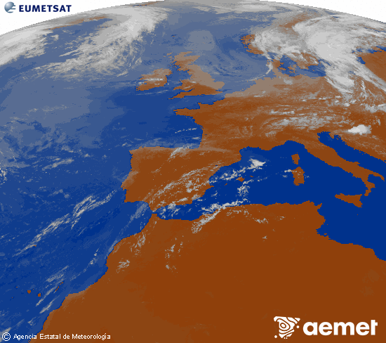 Imagen de la zona de Europa y Norte de �frica del canal infrarrojo del sat�lite Meteosat operacional en 0�N 0�W, procesada para darle color.&nbsp;s�bado, 18 julio 2026 a las 12:00