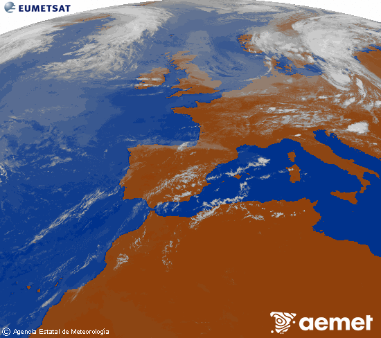 Imagen de la zona de Europa y Norte de �frica del canal infrarrojo del sat�lite Meteosat operacional en 0�N 0�W, procesada para darle color.&nbsp;s�bado, 18 julio 2026 a las 13:00