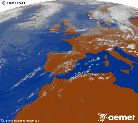 Imagen de la zona de Europa y Norte de �frica del canal infrarrojo del sat�lite Meteosat operacional en 0�N 0�W, procesada para darle color.&nbsp;s�bado, 18 julio 2026 a las 14:00