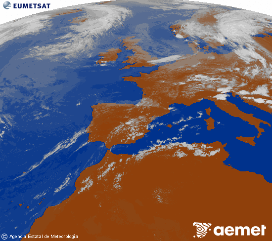 Imagen de la zona de Europa y Norte de �frica del canal infrarrojo del sat�lite Meteosat operacional en 0�N 0�W, procesada para darle color.&nbsp;s�bado, 18 julio 2026 a las 15:00