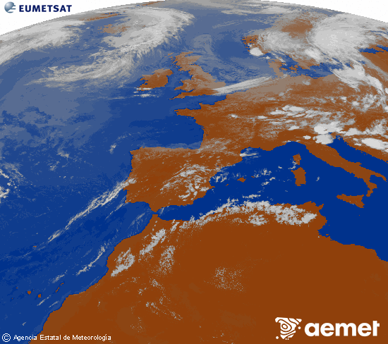 Imatge de la zona d'Europa i Nord d'�frica del canal infraroig del sat�l�lit Meteosat operacional en 0�N 0�W, processada per a donar-li color.&nbsp;dissabte, 18 de juliol  2026 16:00