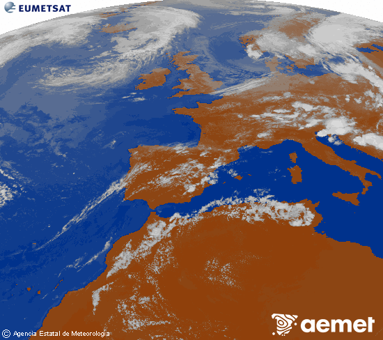 Imagen de la zona de Europa y Norte de �frica del canal infrarrojo del sat�lite Meteosat operacional en 0�N 0�W, procesada para darle color.&nbsp;Saturday, 18 July  2026 18:00
