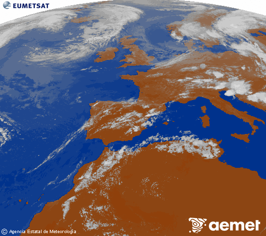 Imagen de la zona de Europa y Norte de �frica del canal infrarrojo del sat�lite Meteosat operacional en 0�N 0�W, procesada para darle color.&nbsp;dissabte, 18 de juliol  2026 19:00
