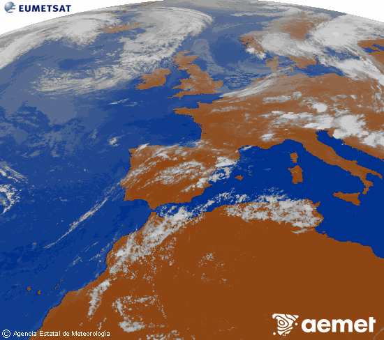Imagen de la zona de Europa y Norte de �frica del canal infrarrojo del sat�lite Meteosat operacional en 0�N 0�W, procesada para darle color.&nbsp;dissabte, 18 de juliol  2026 20:00