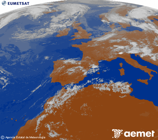 Imagen de la zona de Europa y Norte de �frica del canal infrarrojo del sat�lite Meteosat operacional en 0�N 0�W, procesada para darle color.&nbsp;dissabte, 18 de juliol  2026 21:00