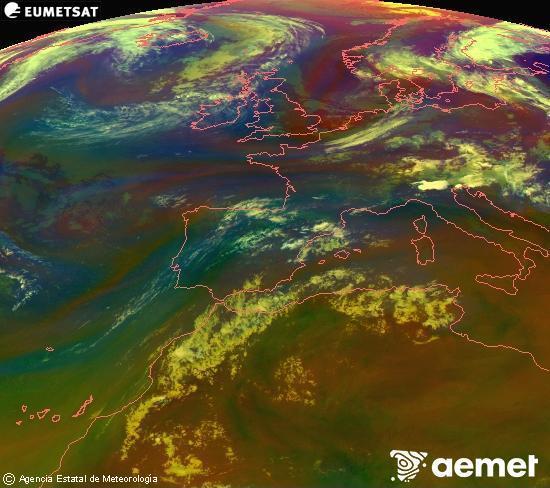 RGB composition where several channels of satellite Meteosat operational in 0� N 0� W are mixed, providing air mass and cloudiness features.&nbsp;Saturday, 18 July  2026 22:00