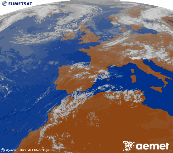 Imagen de la zona de Europa y Norte de �frica del canal infrarrojo del sat�lite Meteosat operacional en 0�N 0�W, procesada para darle color.&nbsp;dissabte, 18 de juliol  2026 22:00