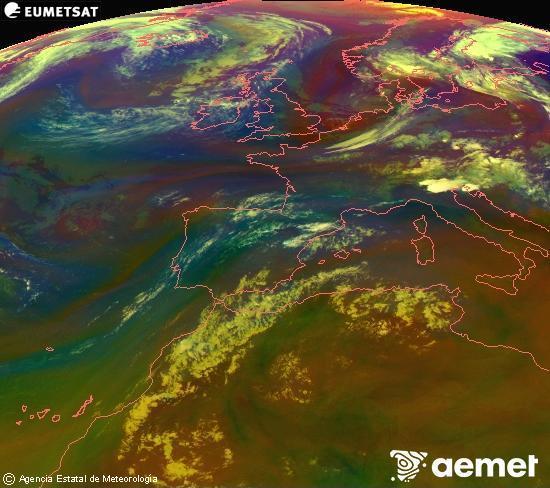 RGB composition where several channels of satellite Meteosat operational in 0� N 0� W are mixed, providing air mass and cloudiness features.&nbsp;Saturday, 18 July  2026 23:00