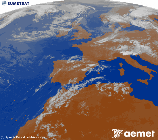 Imagen de la zona de Europa y Norte de �frica del canal infrarrojo del sat�lite Meteosat operacional en 0�N 0�W, procesada para darle color.&nbsp;dissabte, 18 de juliol  2026 23:00