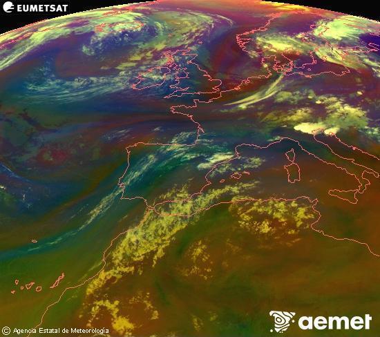 RGB composition where several channels of satellite Meteosat operational in 0� N 0� W are mixed, providing air mass and cloudiness features.&nbsp;Sunday, 19 July  2026 00:00