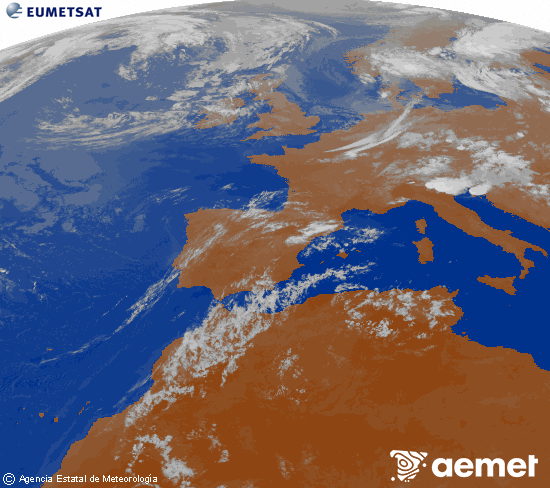 Imagen de la zona de Europa y Norte de �frica del canal infrarrojo del sat�lite Meteosat operacional en 0�N 0�W, procesada para darle color.&nbsp;diumenge, 19 de juliol  2026 00:00