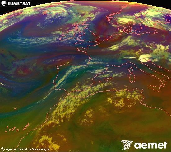 RGB composition where several channels of satellite Meteosat operational in 0� N 0� W are mixed, providing air mass and cloudiness features.&nbsp;Sunday, 19 July  2026 02:00