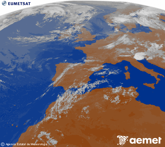 Imagen de la zona de Europa y Norte de �frica del canal infrarrojo del sat�lite Meteosat operacional en 0�N 0�W, procesada para darle color.&nbsp;diumenge, 19 de juliol  2026 02:00