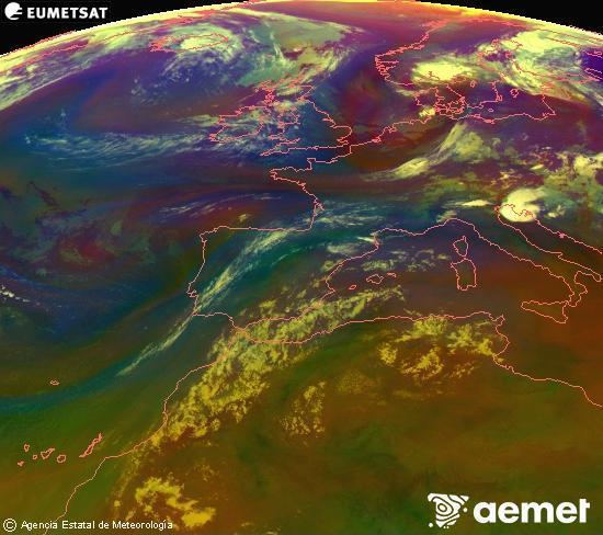 RGB composition where several channels of satellite Meteosat operational in 0� N 0� W are mixed, providing air mass and cloudiness features.&nbsp;Sunday, 19 July  2026 03:00