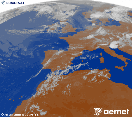 Imagen de la zona de Europa y Norte de �frica del canal infrarrojo del sat�lite Meteosat operacional en 0�N 0�W, procesada para darle color.&nbsp;diumenge, 19 de juliol  2026 03:00