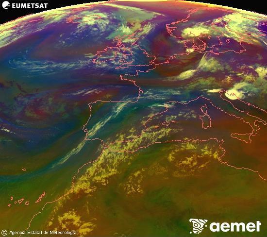 RGB composition where several channels of satellite Meteosat operational in 0� N 0� W are mixed, providing air mass and cloudiness features.&nbsp;Sunday, 19 July  2026 04:00