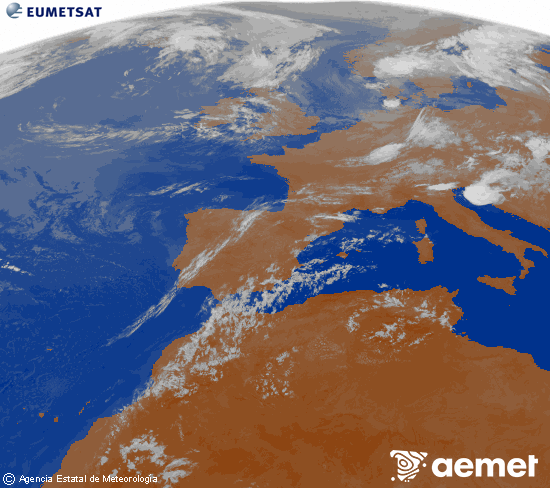 Imagen de la zona de Europa y Norte de �frica del canal infrarrojo del sat�lite Meteosat operacional en 0�N 0�W, procesada para darle color.&nbsp;diumenge, 19 de juliol  2026 04:00