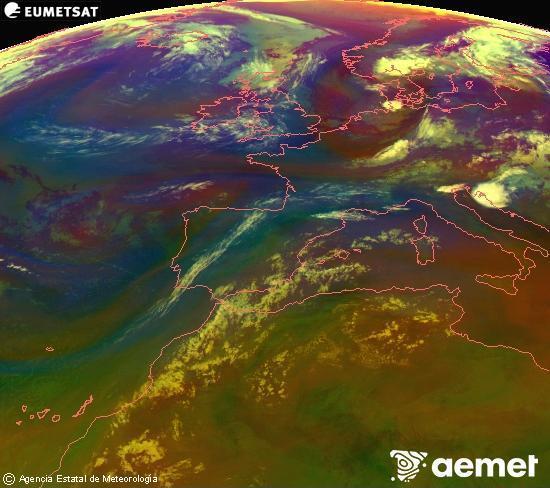 RGB composition where several channels of satellite Meteosat operational in 0� N 0� W are mixed, providing air mass and cloudiness features.&nbsp;Sunday, 19 July  2026 05:00