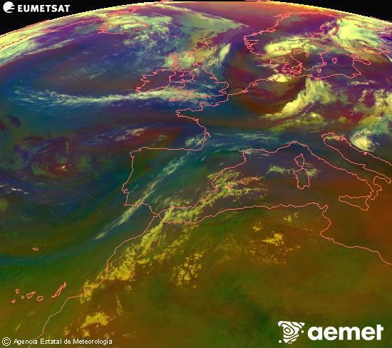 RGB composition where several channels of satellite Meteosat operational in 0� N 0� W are mixed, providing air mass and cloudiness features.&nbsp;Sunday, 19 July  2026 07:00