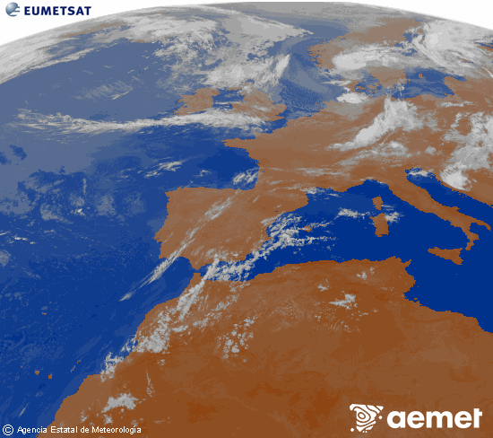 Imagen de la zona de Europa y Norte de �frica del canal infrarrojo del sat�lite Meteosat operacional en 0�N 0�W, procesada para darle color.&nbsp;diumenge, 19 de juliol  2026 07:00