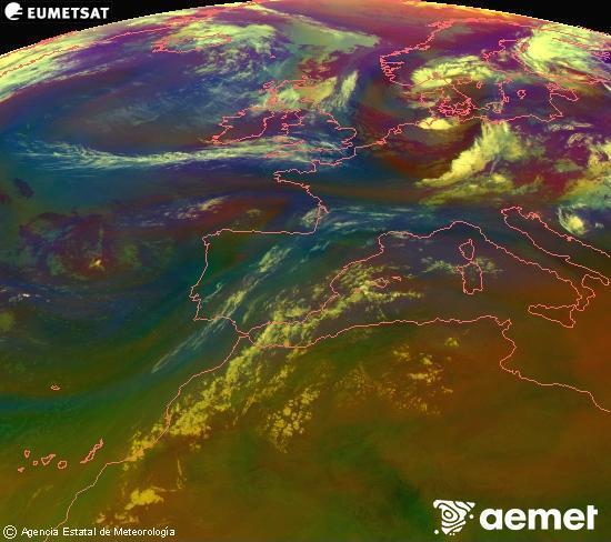 RGB composition where several channels of satellite Meteosat operational in 0� N 0� W are mixed, providing air mass and cloudiness features.&nbsp;Sunday, 19 July  2026 08:00