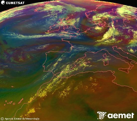 RGB composition where several channels of satellite Meteosat operational in 0� N 0� W are mixed, providing air mass and cloudiness features.&nbsp;Sunday, 19 July  2026 09:00