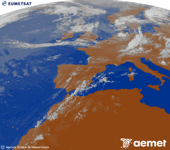 Imagen de la zona de Europa y Norte de �frica del canal infrarrojo del sat�lite Meteosat operacional en 0�N 0�W, procesada para darle color.&nbsp;Sunday, 19 July  2026 09:00